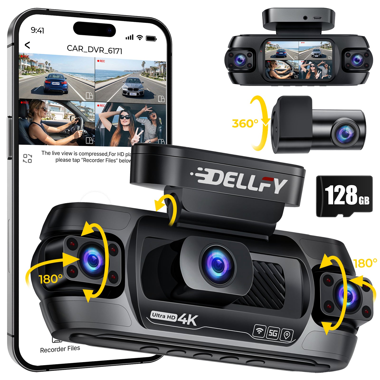 DELLEY M95 360° Dash Cam 4K Front + 3*1080P Rear/Left/Right | GPS & 5G WiFi | 24H Parking Mode, IR Night Vision, G-Sensor | 128GB SD Card Included