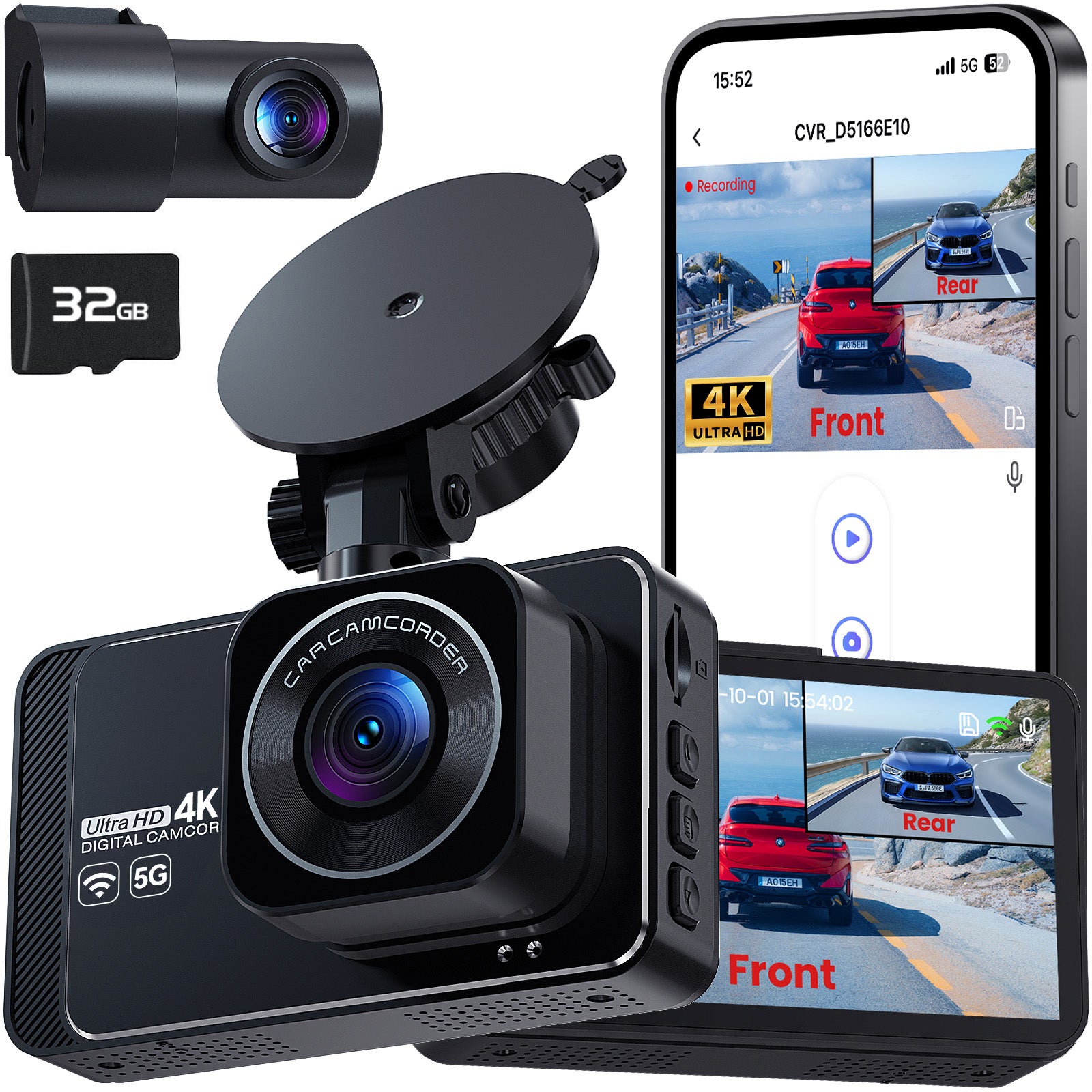 DELLFY M77 4K Dash Cam | Front & Rear | 5G WiFi App Control | Night Vision | G-Sensor | 024H Parking Mode | 32GB SD Card Included |